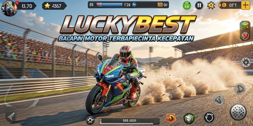 Screenshot gameplay LUCKYBEST menampilkan aksi balapan motor yang seru.