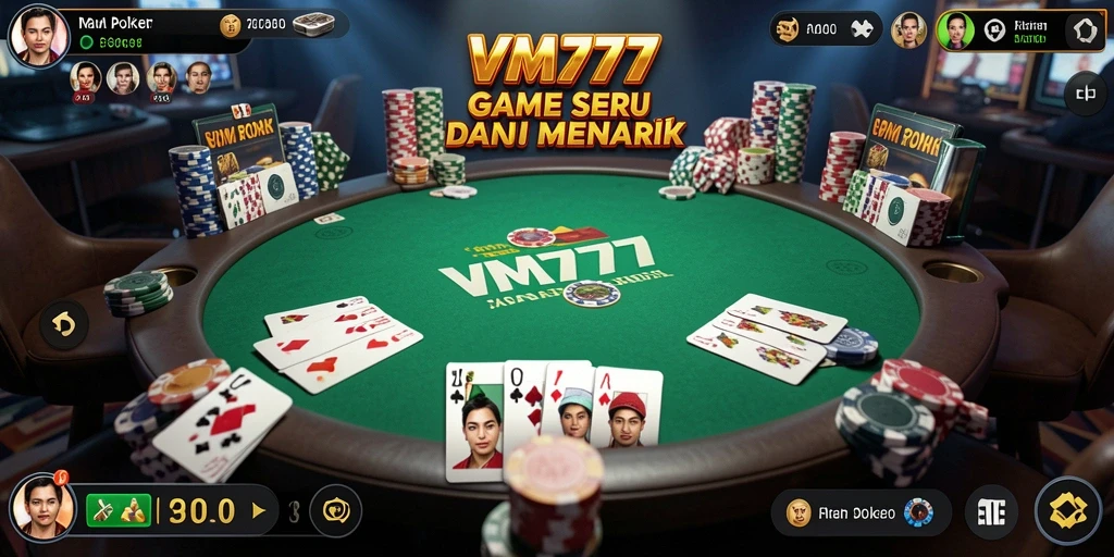Screenshot utama VM777 menunjukkan pemain bersaing di meja Poker.